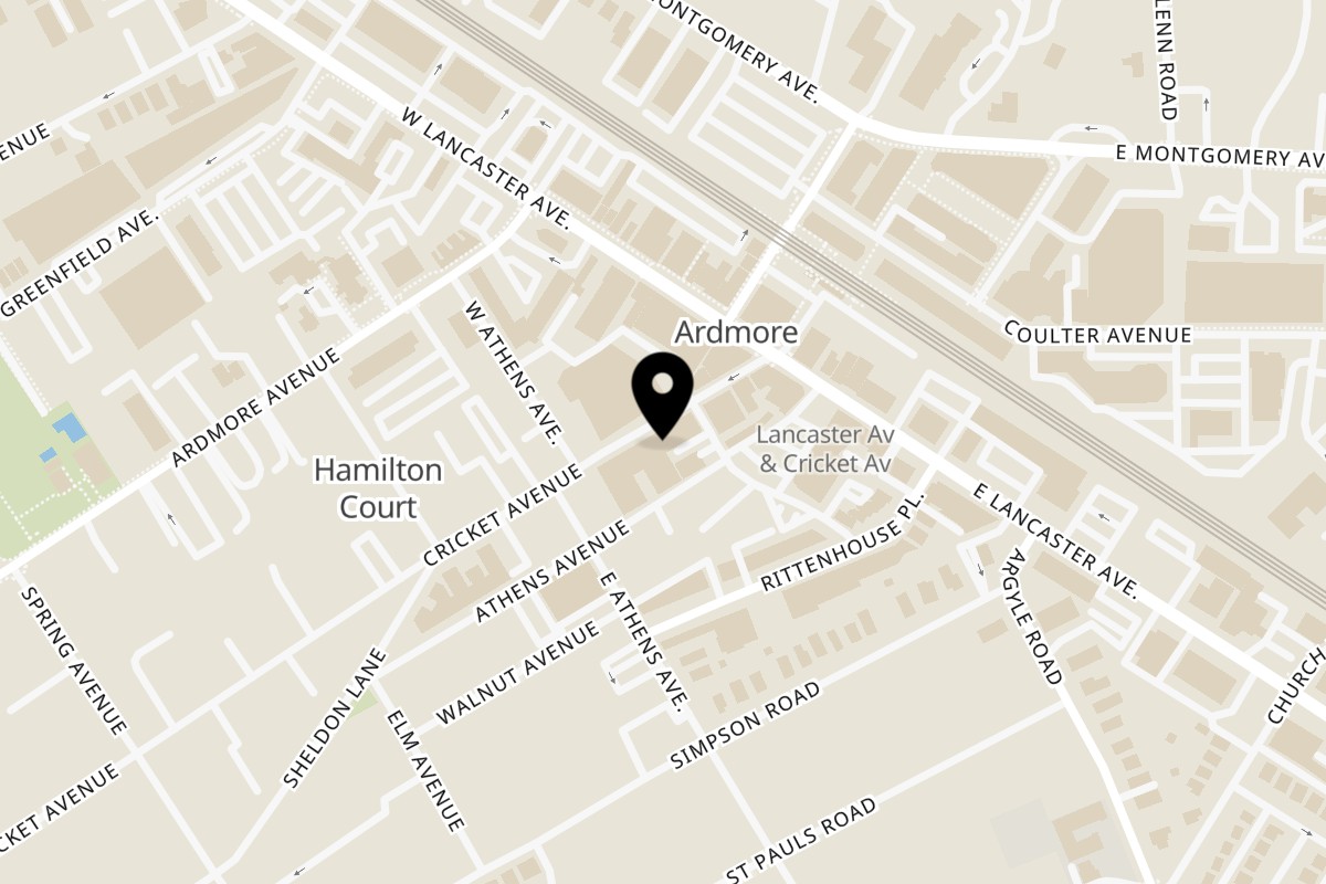 Map showing the location of Bored Trading Cafe on 43 Cricket Ave in Ardmore